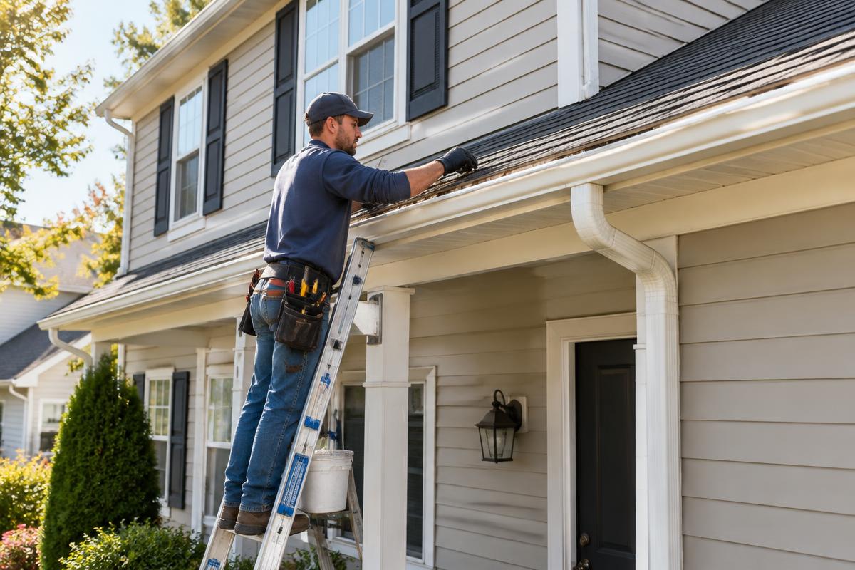 A Calipro crew member cleaning gutters on a two-story home